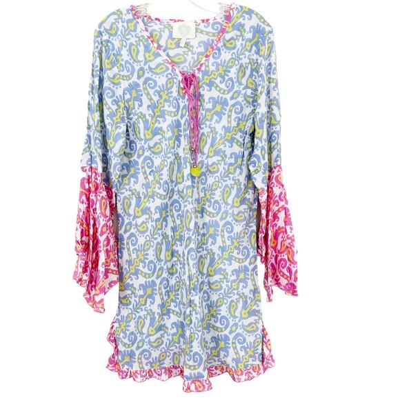 Z&L Europe Blue Pink Printed Bell Sleeve Dress Sz L - Picture 9 of 9